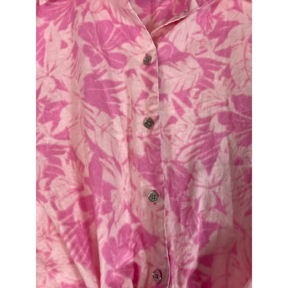 Michael Kors XL‎ Cropped Shirt Top Women Tie Dye Floral Print Pink Barbie